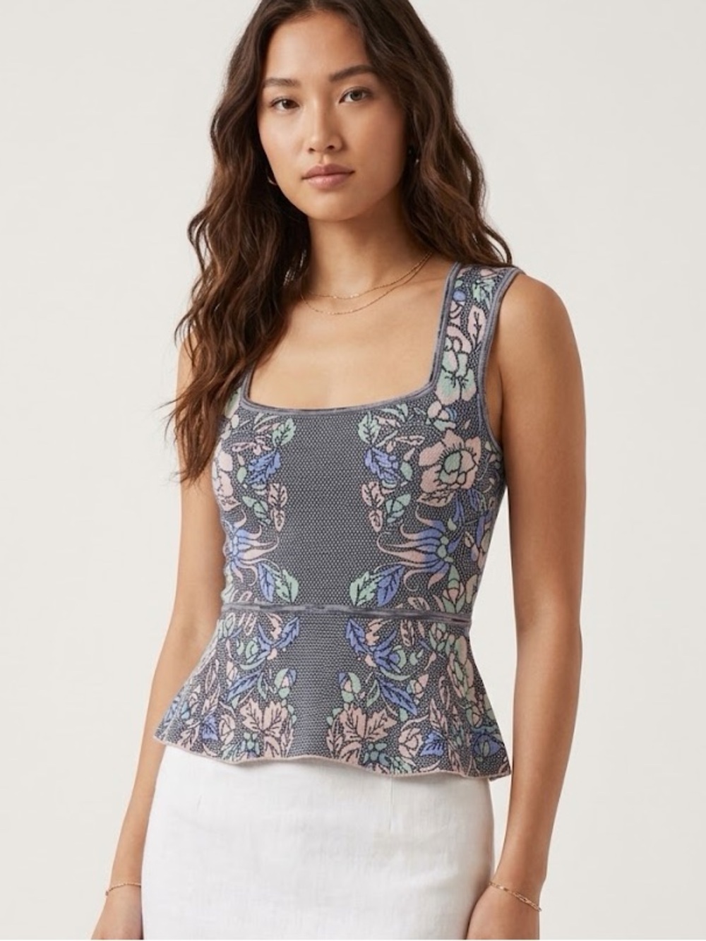 BCBGMaxAzria Women Alonya Knit Peplum Top XS Bare Pink Floral Preppy Coquette
